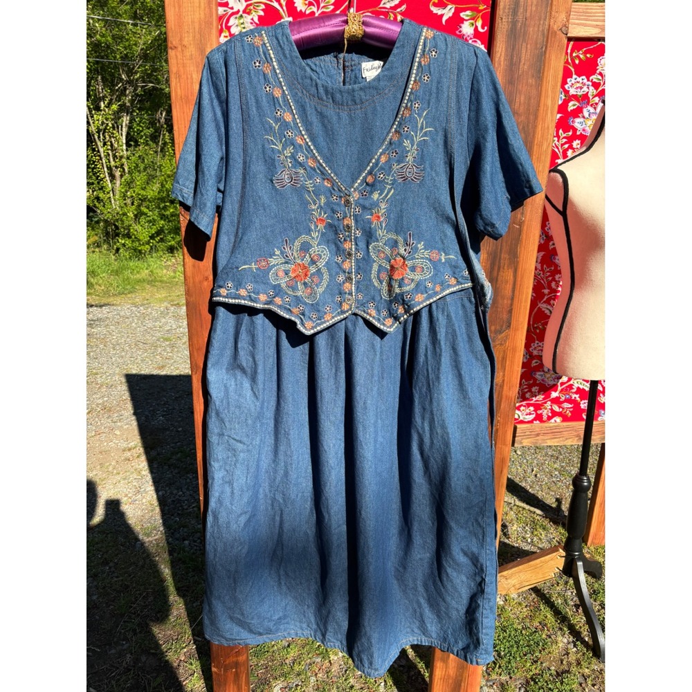 VTG 90's 100% Cotton Soft Denim Embroidered Western Prairie Maxi Dress Size L - Picture 11 of 16